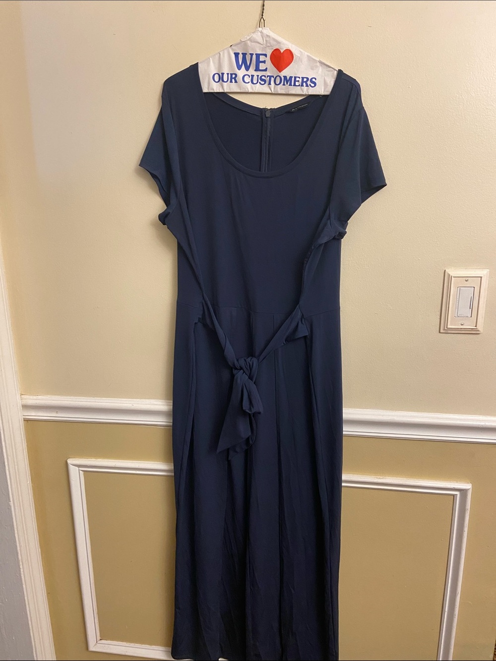 H by Halton navy blue jumpsuit, zip up back and belt. 90% polyester 10% spandex